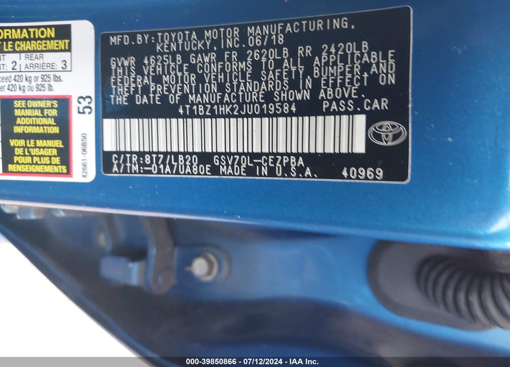 2018 TOYOTA CAMRY XSE V6 VIN: 4T1BZ1HK2JU019584