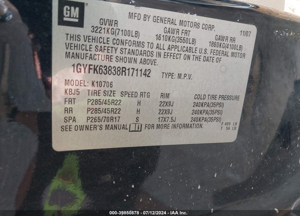 2008 CADILLAC ESCALADE STANDARD VIN: 1GYFK63838R171142