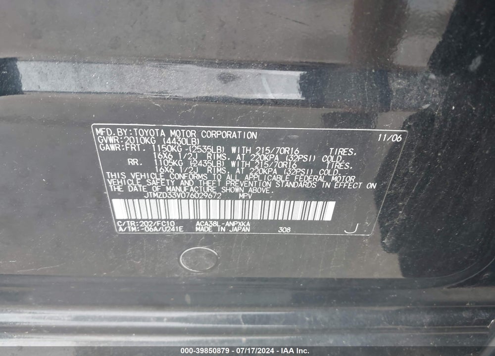 2007 TOYOTA RAV4 VIN: JTMZD33V076029672