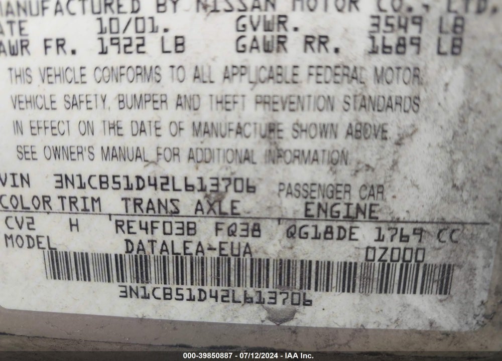 2002 NISSAN SENTRA GXE VIN: 3N1CB51D42L613706