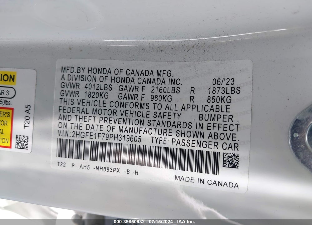 2023 HONDA CIVIC EX /EX W/O BSI VIN: 2HGFE1F79PH319605