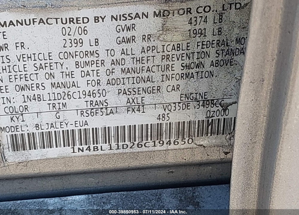 2006 NISSAN ALTIMA 3.5 SE-R VIN: 1N4BL11D26C194650