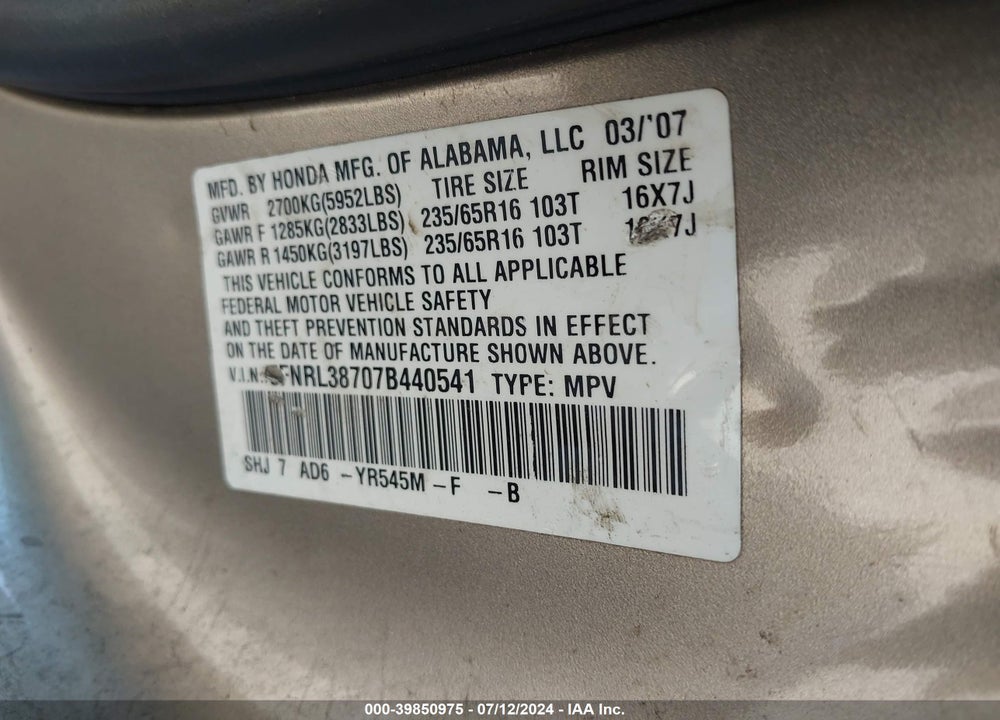 2007 HONDA ODYSSEY VIN: 5FNRL38707B440541