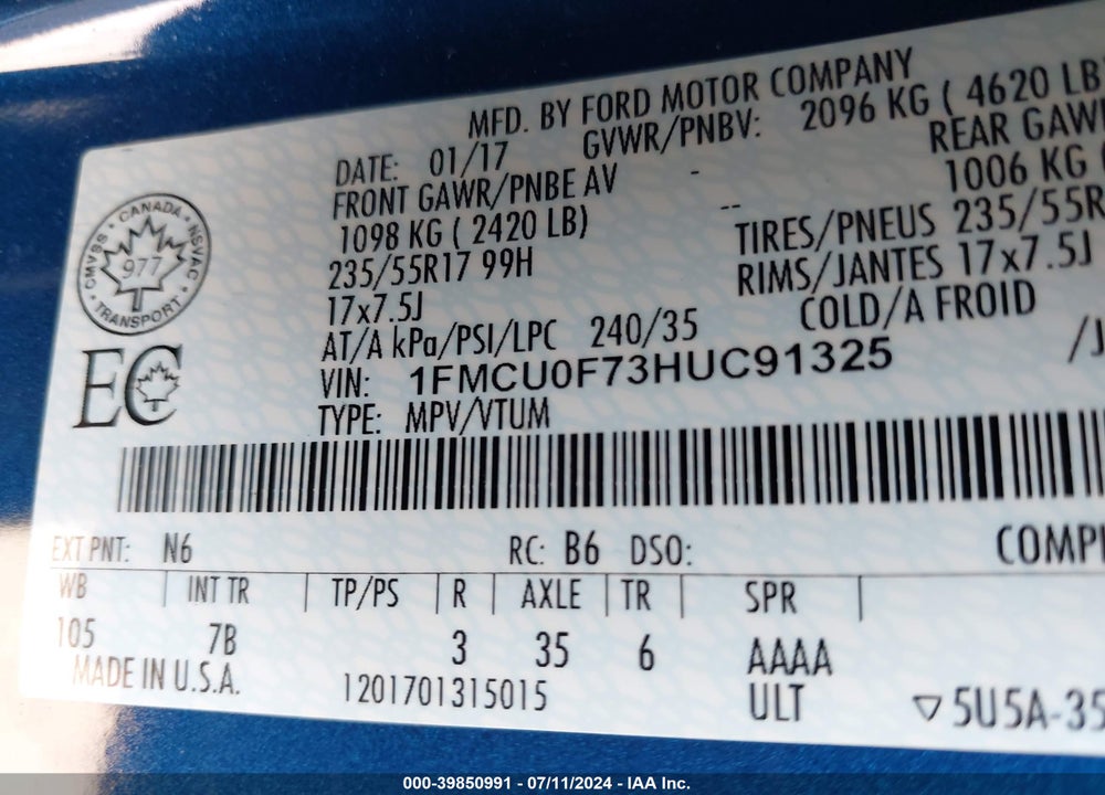 2017 FORD ESCAPE S VIN: 1FMCU0F73HUC91325