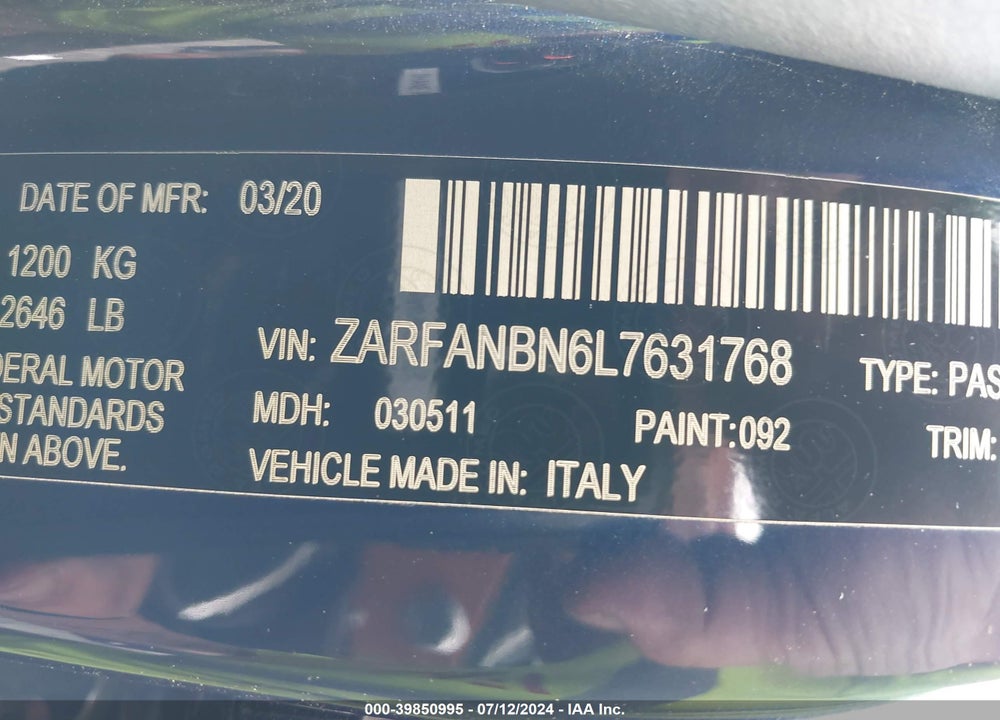 2020 ALFA ROMEO GIULIA TI SPORT AWD VIN: ZARFANBN6L7631768
