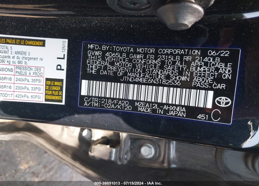 2022 TOYOTA COROLLA SE VIN: JTND4MBE6N3182536