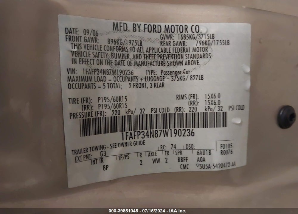 2007 FORD FOCUS S/SE/SES VIN: 1FAFP34N87W190236