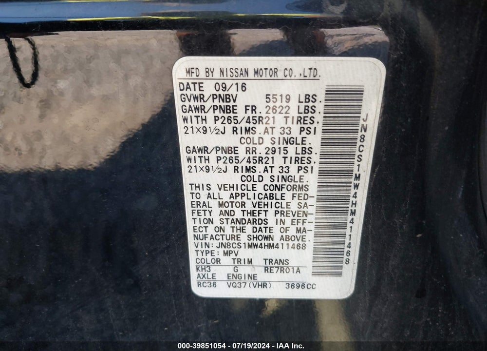 2017 INFINITI QX70 VIN: JN8CS1MW4HM411468