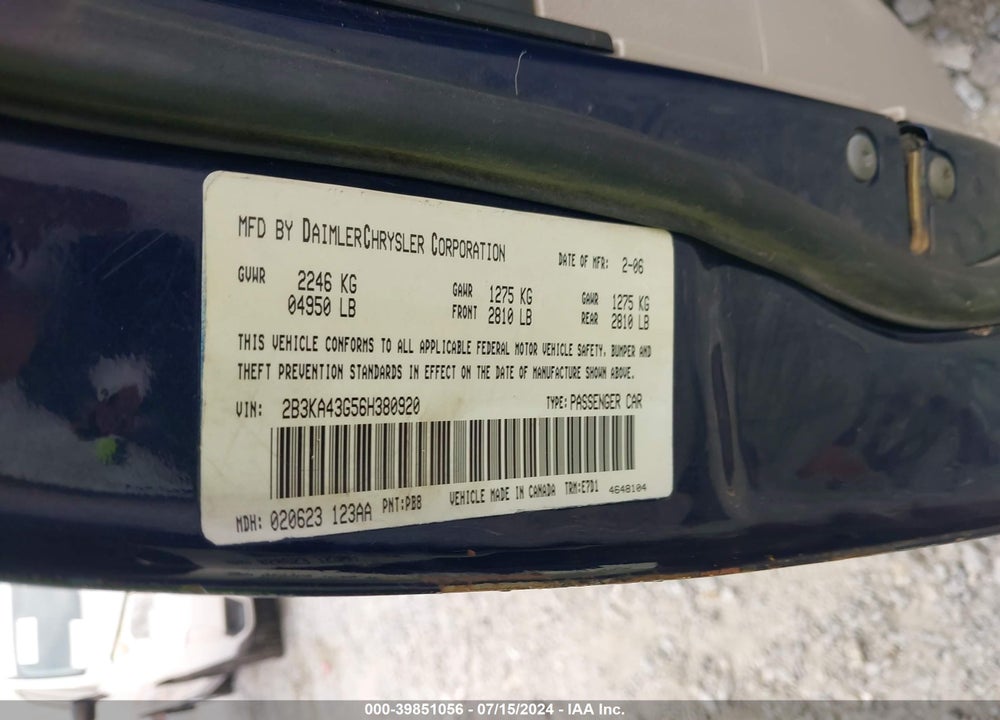 2006 DODGE CHARGER VIN: 2B3KA43G56H380920