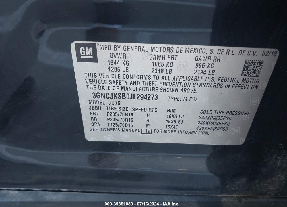 2018 CHEVROLET TRAX LS VIN: 3GNCJKSB0JL294273