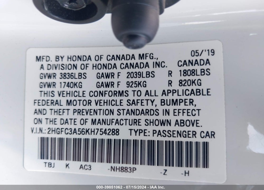 2019 HONDA CIVIC SI VIN: 2HGFC3A56KH754288