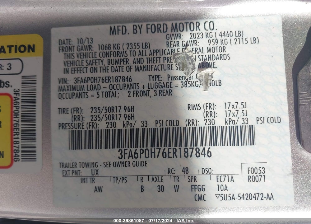 2014 FORD FUSION SE VIN: 3FA6P0H76ER187846