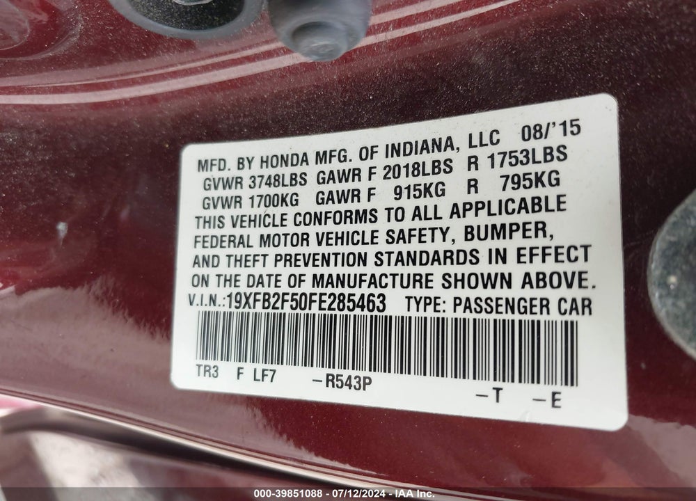 2015 HONDA CIVIC LX VIN: 19XFB2F50FE285463