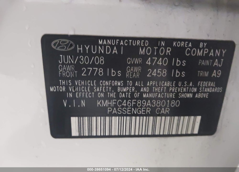 2009 HYUNDAI AZERA LIMITED VIN: KMHFC46F89A380180