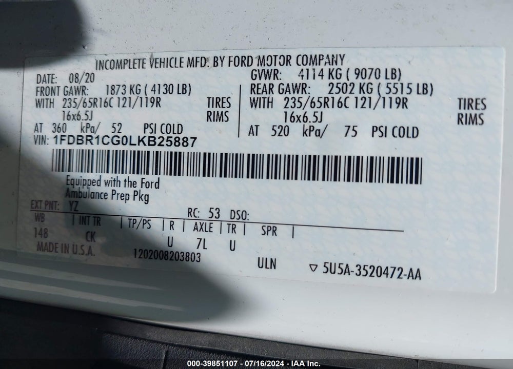 2020 FORD TRANSIT-250 VIN: 1FDBR1CG0LKB25887