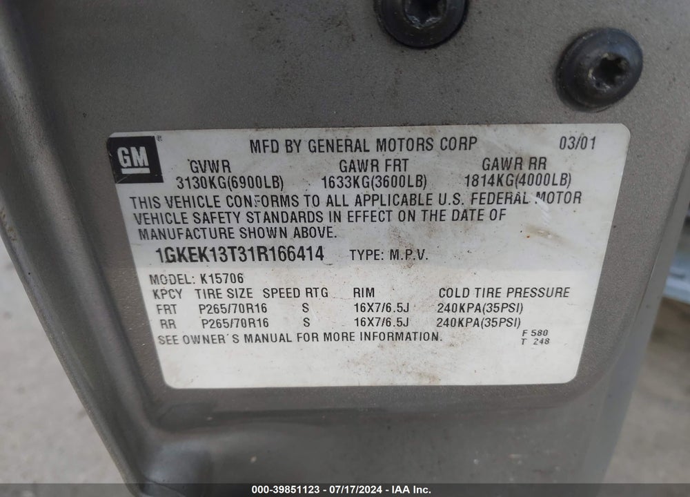 2001 GMC YUKON VIN: 1GKEK13T31R166414