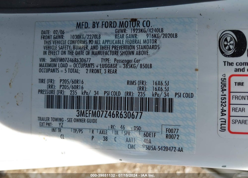 2006 MERCURY MILAN I4 VIN: 3MEFM07Z46R630677