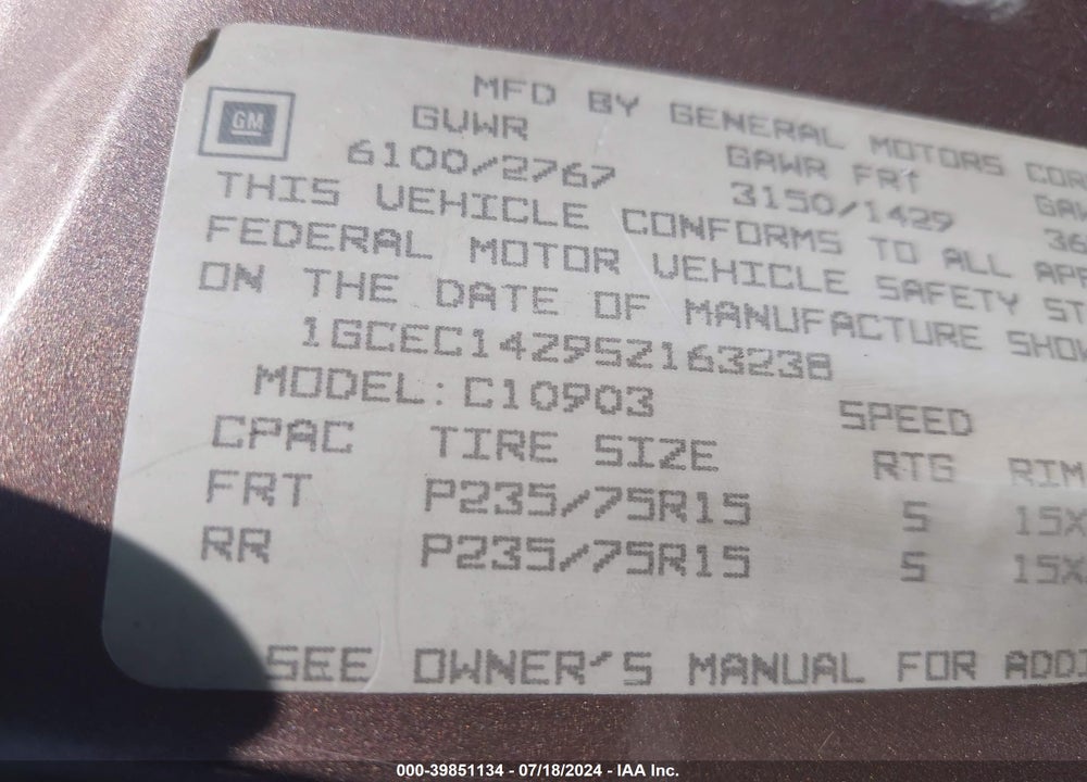 1995 CHEVROLET GMT-400 C1500 VIN: 1GCEC14Z9SZ163238