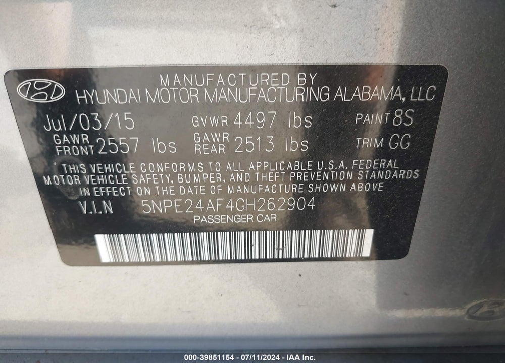 2016 HYUNDAI SONATA SE VIN: 5NPE24AF4GH262904