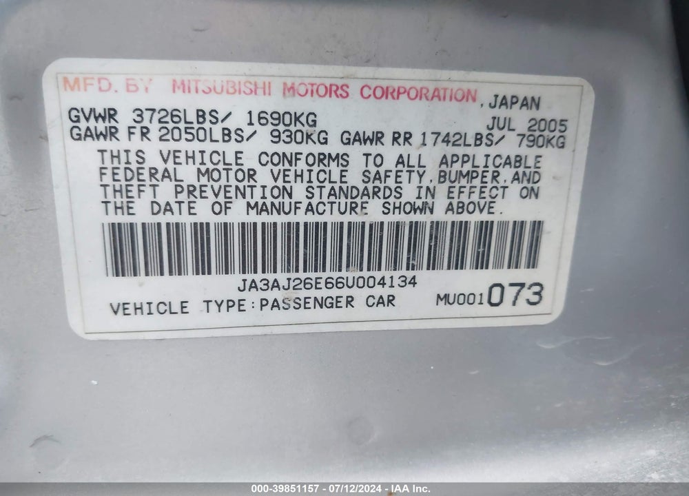2006 MITSUBISHI LANCER ES/SE VIN: JA3AJ26E66U004134