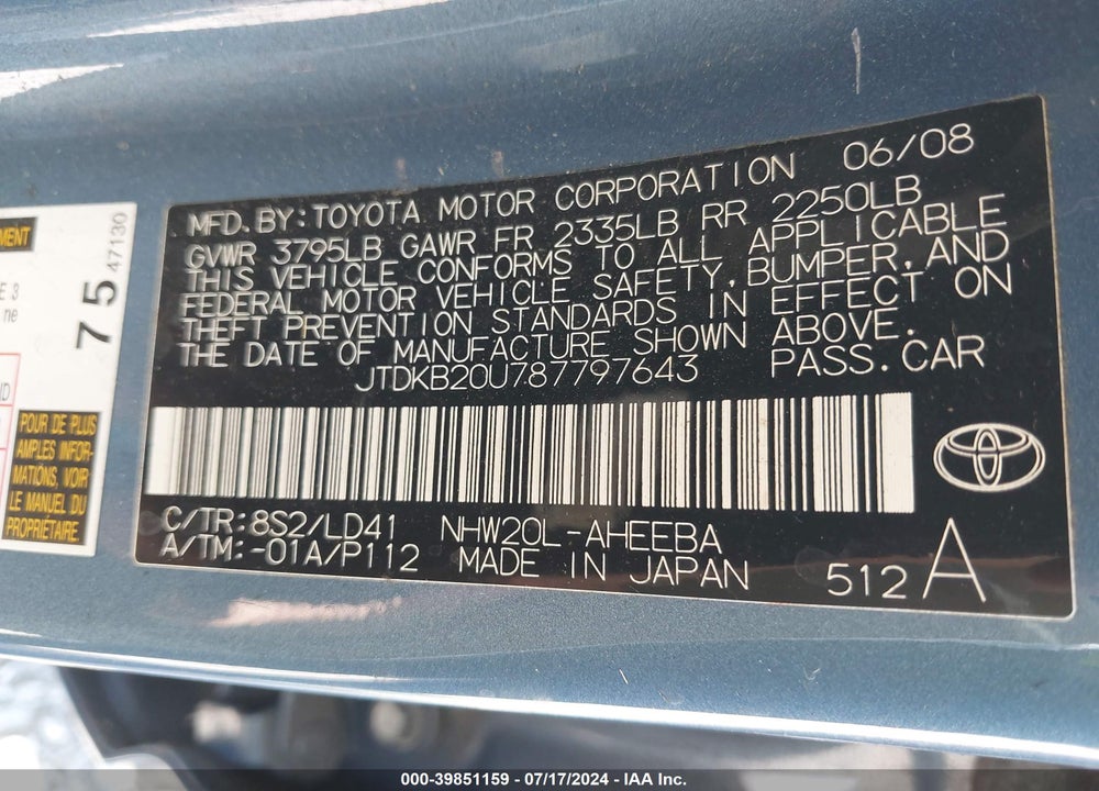 2008 TOYOTA PRIUS VIN: JTDKB20U787797643