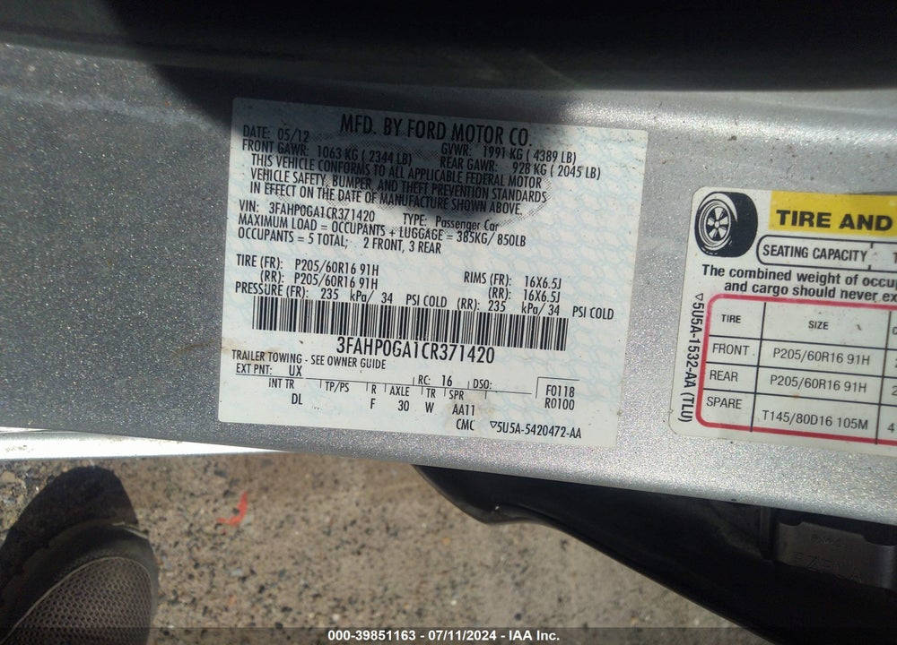 2012 FORD FUSION S VIN: 3FAHP0GA1CR371420
