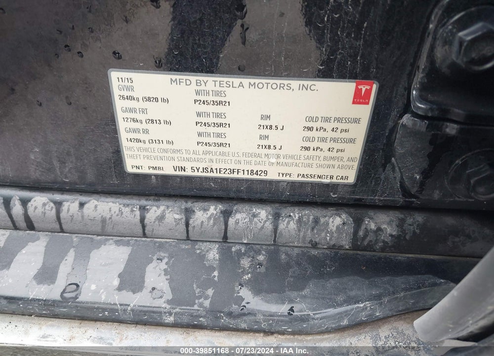 2015 TESLA MODEL S 70D/85D/P85D VIN: 5YJSA1E23FF118429