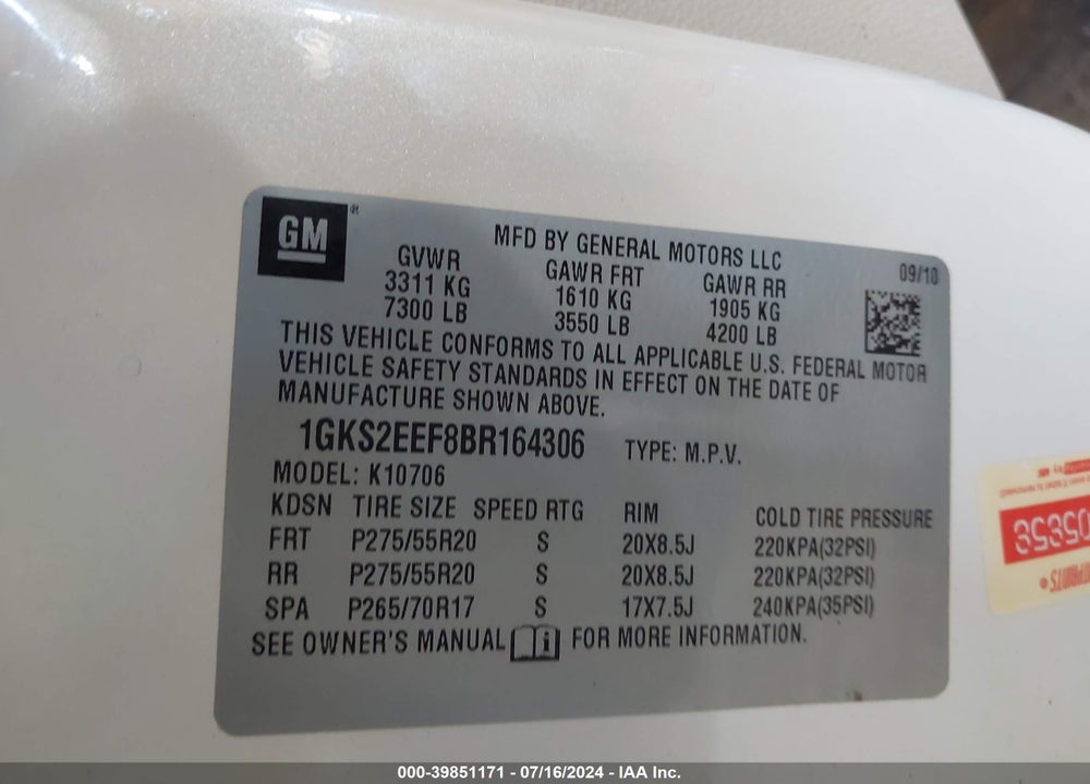 2011 GMC YUKON DENALI VIN: 1GKS2EEF8BR164306