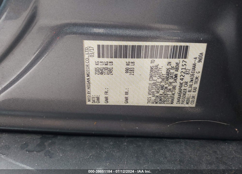 2017 NISSAN MAXIMA 3.5 SV VIN: 1N4AA6AP4HC422157