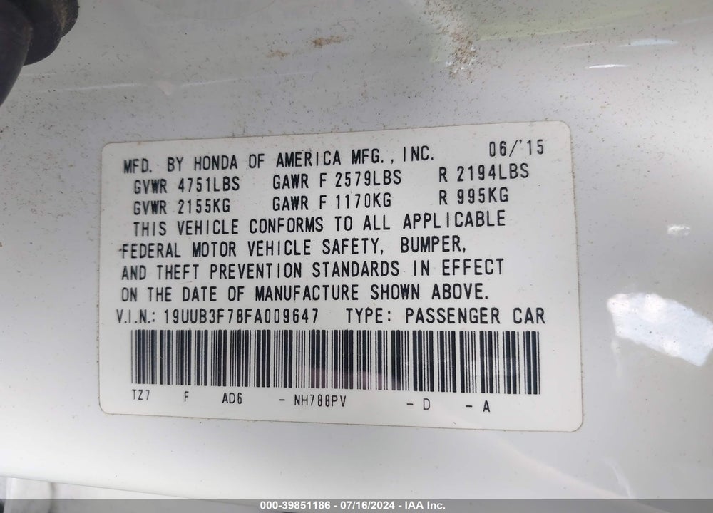2015 ACURA TLX V6 ADVANCE VIN: 19UUB3F78FA009647