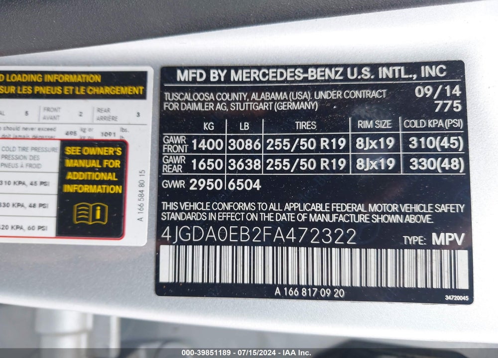 2015 MERCEDES-BENZ ML 250 BLUETEC 4MATIC VIN: 4JGDA0EB2FA472322