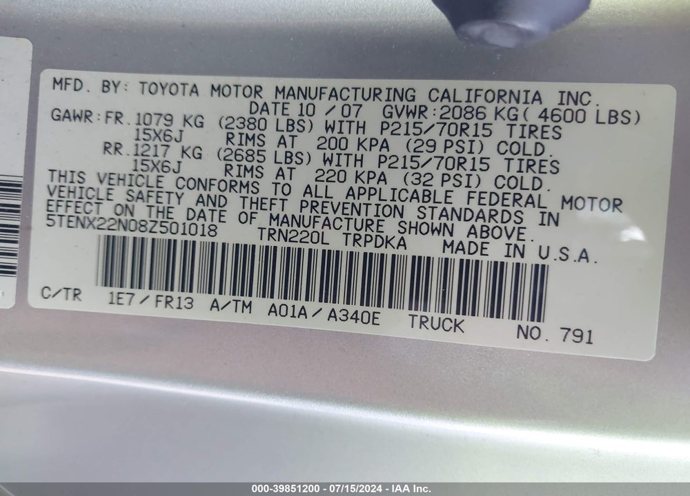 2008 TOYOTA TACOMA VIN: 5TENX22N08Z501018