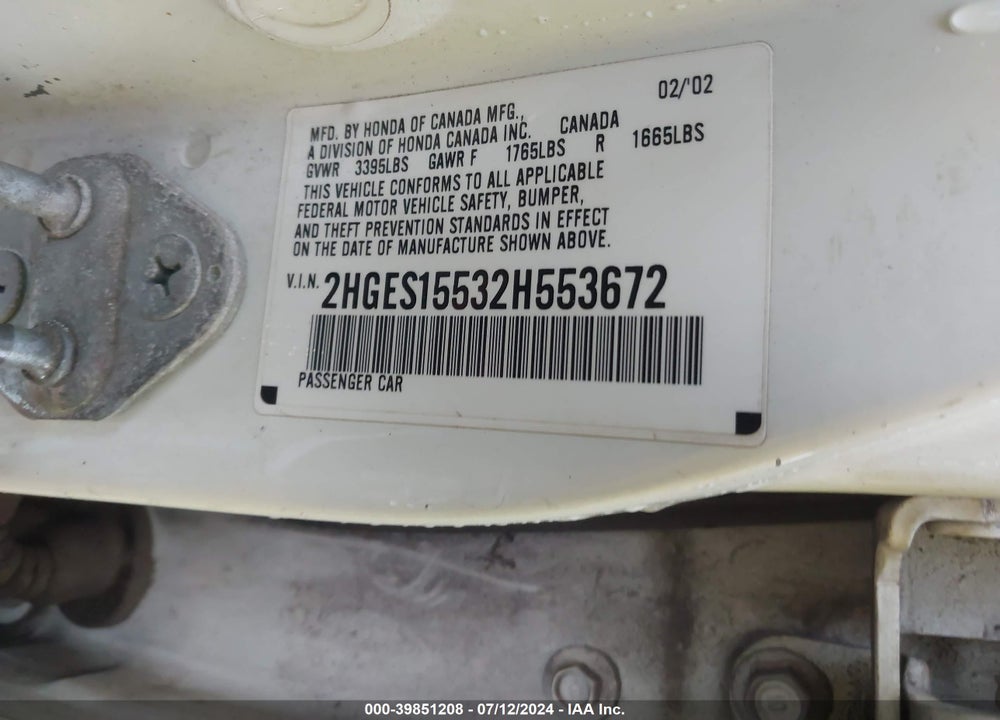 2002 HONDA CIVIC LX VIN: 2HGES15532H553672