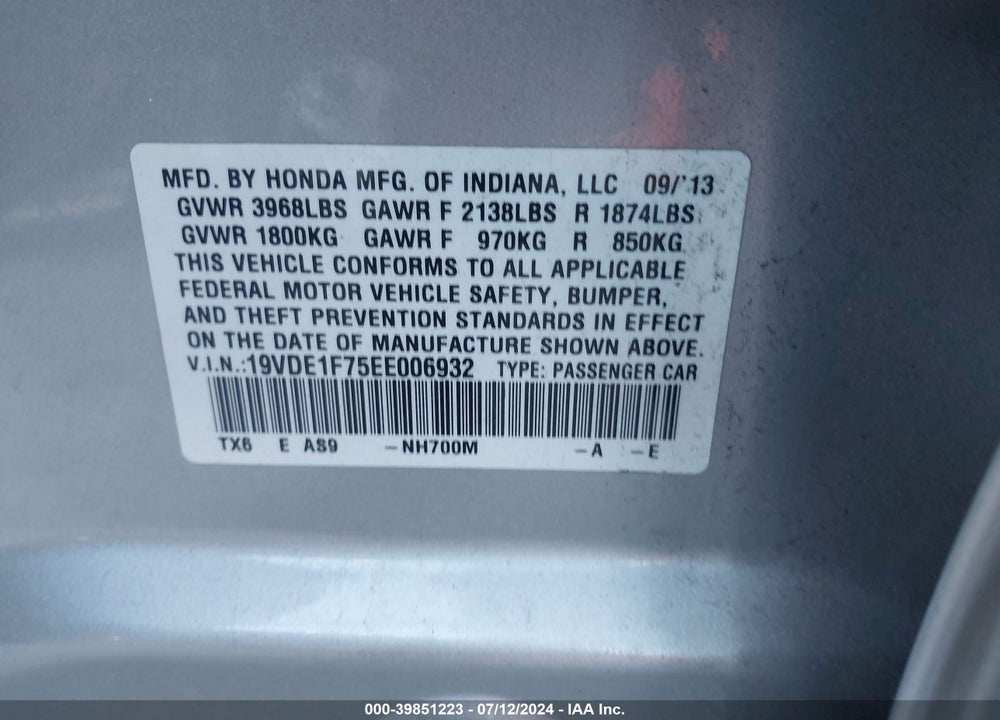 2014 ACURA ILX 2.0L VIN: 19VDE1F75EE006932