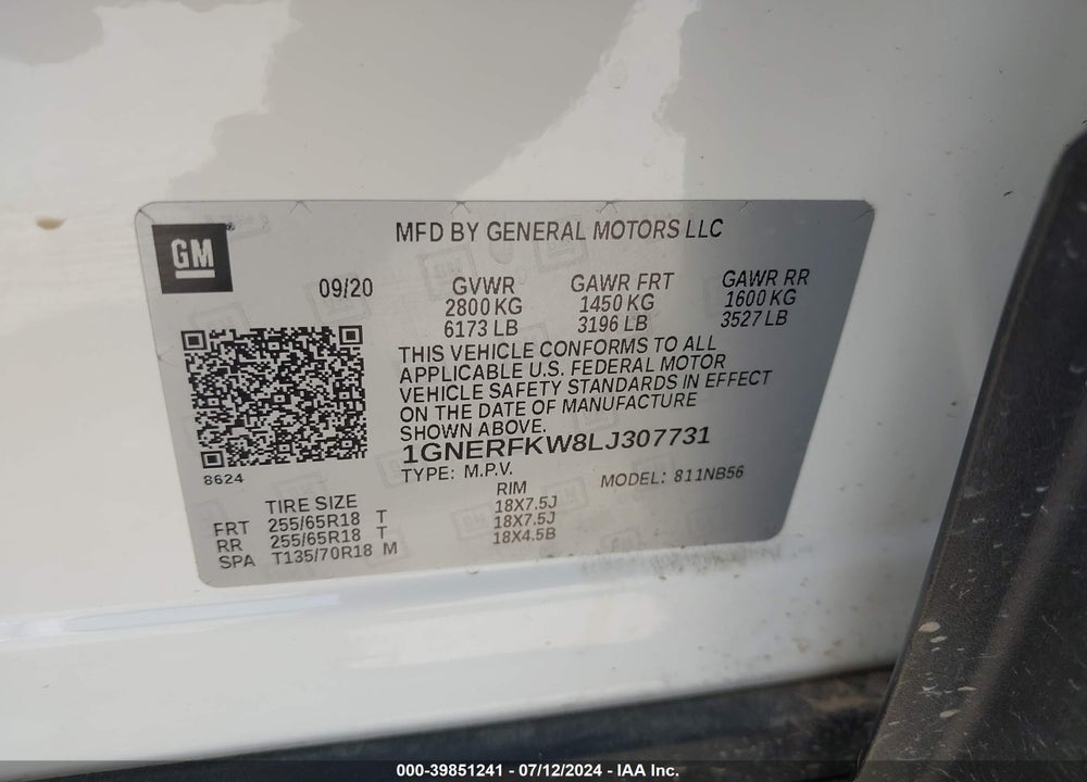 2020 CHEVROLET TRAVERSE VIN: 1GNERFKW8LJ307731