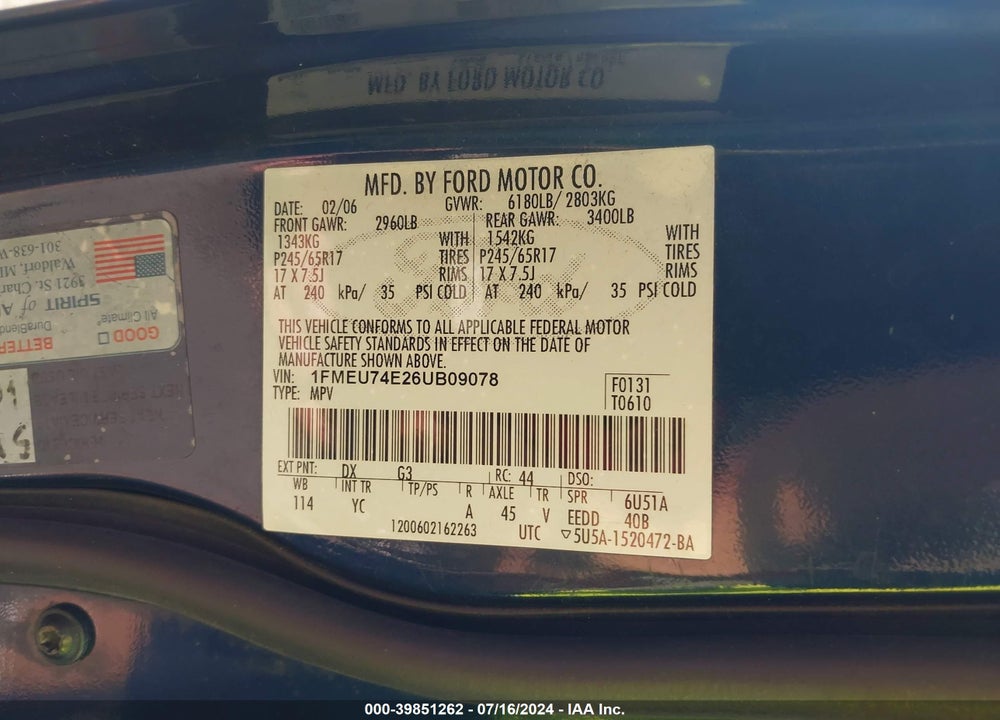 2006 FORD EXPLORER EDDIE BAUER VIN: 1FMEU74E26UB09078
