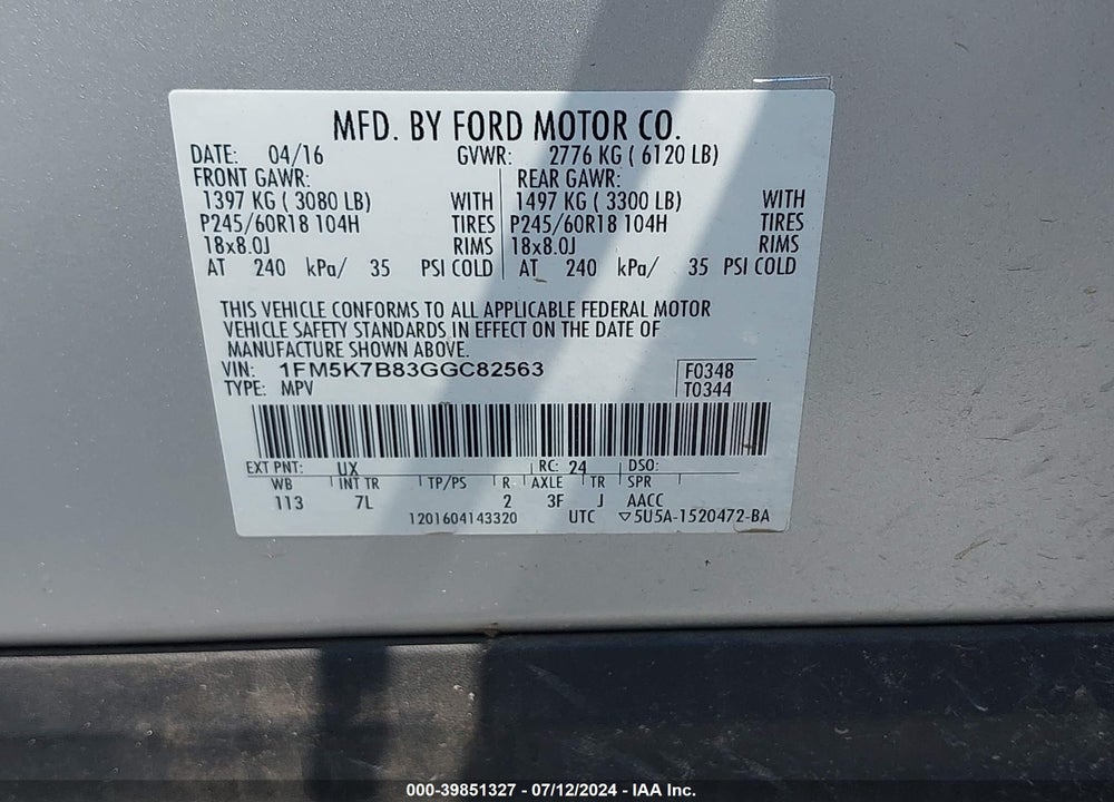 2016 FORD EXPLORER VIN: 1FM5K7B83GGC82563