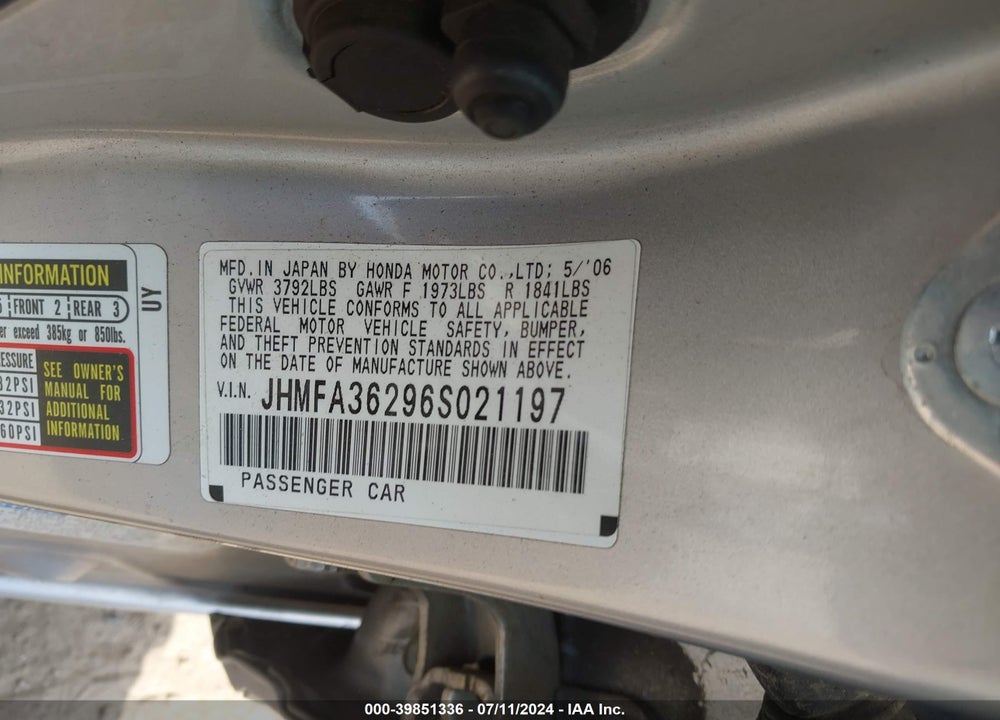 2006 HONDA CIVIC HYBRID VIN: JHMFA36296S021197