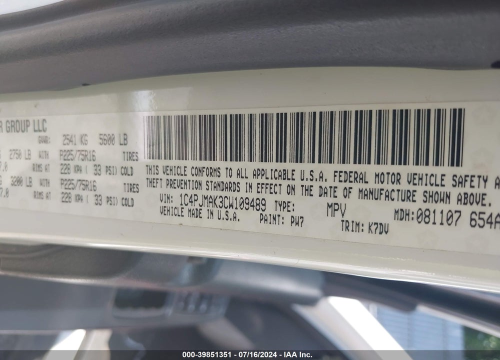 2012 JEEP LIBERTY SPORT VIN: 1C4PJMAK3CW109489