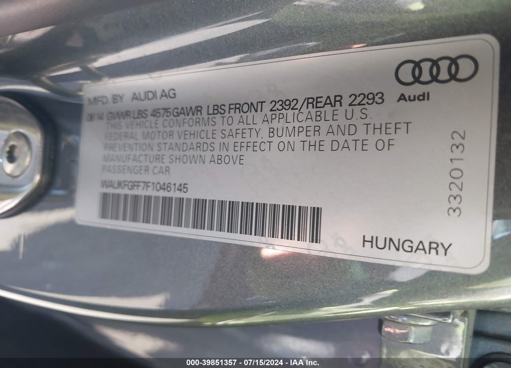 2015 AUDI A3 2.0T PREMIUM VIN: WAUKFGFF7F1046145