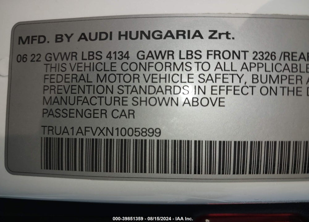 2022 AUDI TTS TFSI QUATTRO S TRONIC VIN: TRUA1AFVXN1005899