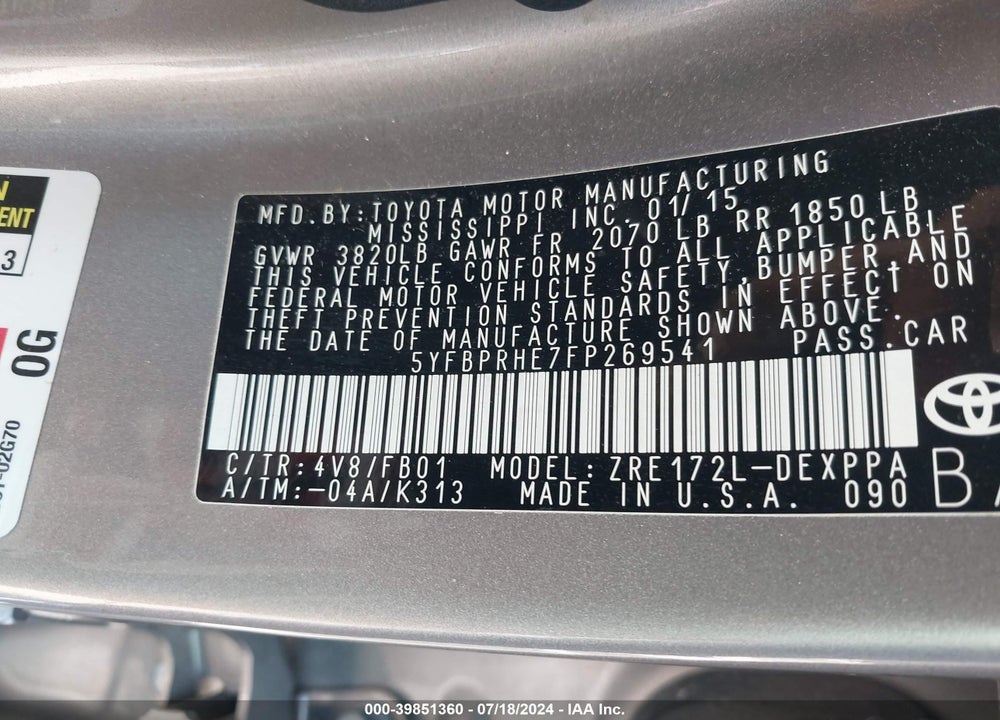 2015 TOYOTA COROLLA LE ECO PLUS VIN: 5YFBPRHE7FP269541