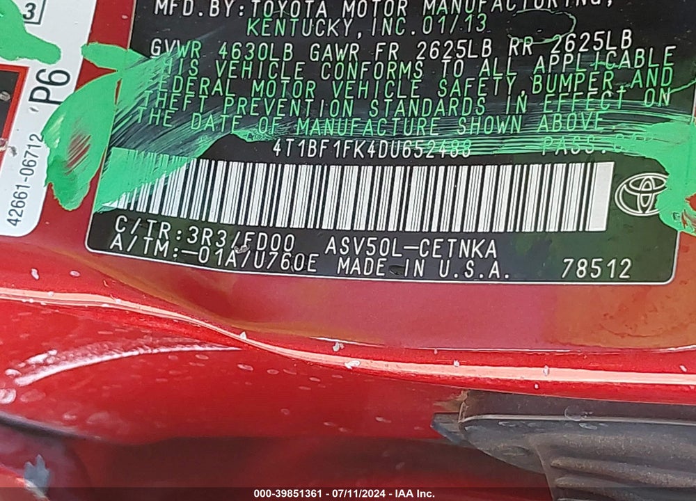 2013 TOYOTA CAMRY VIN: 4T1BF1FK4DU652488