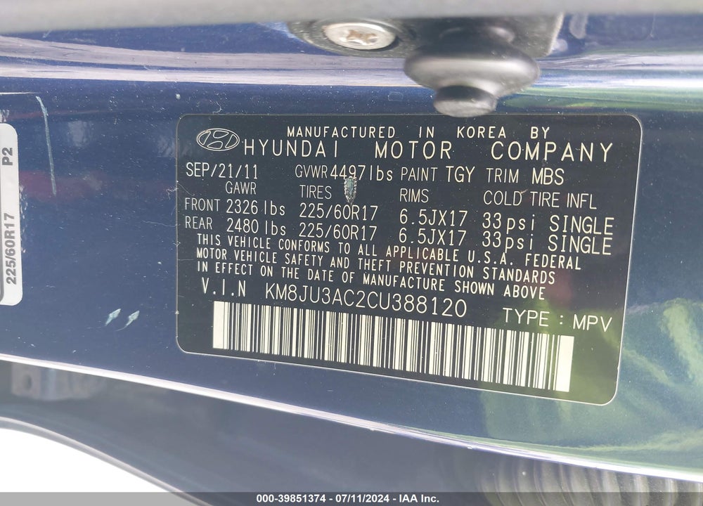 2012 HYUNDAI TUCSON GLS VIN: KM8JU3AC2CU388120