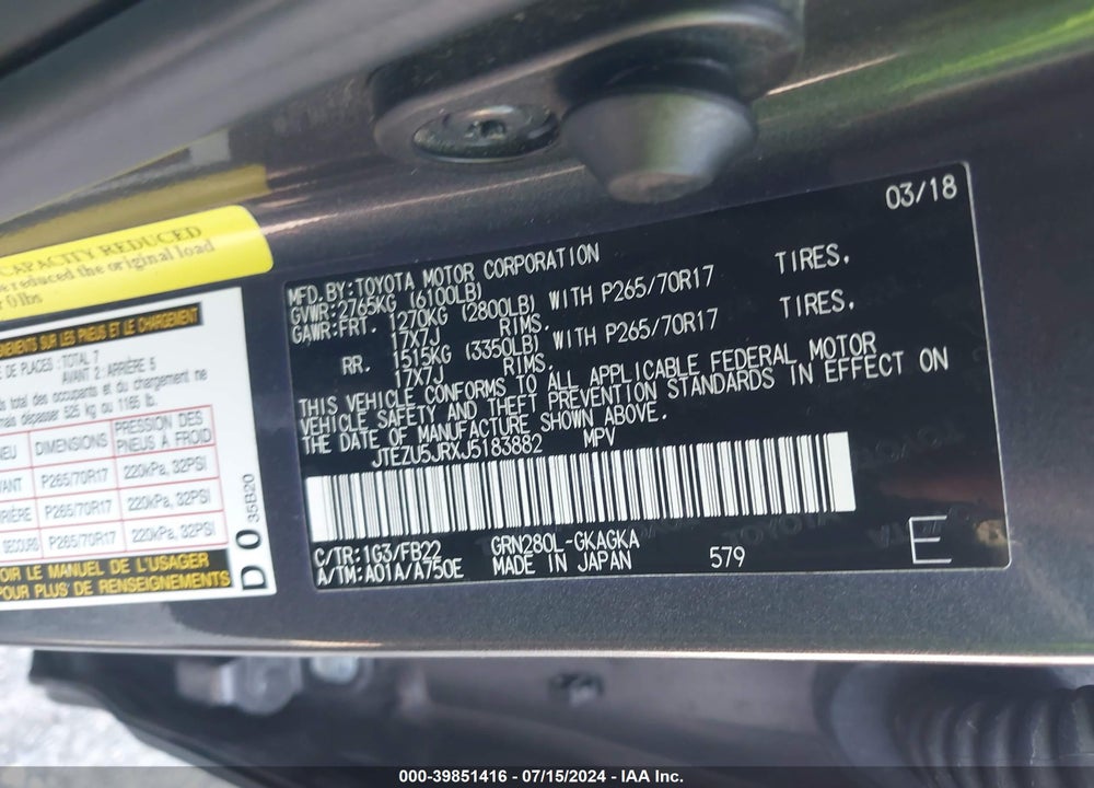 2018 TOYOTA 4RUNNER SR5 VIN: JTEZU5JRXJ5183882