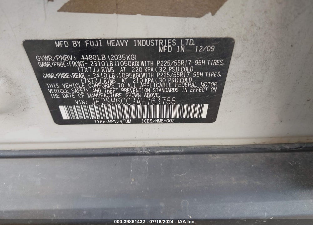 2010 SUBARU FORESTER 2.5X PREMIUM VIN: JF2SH6CC3AH763788