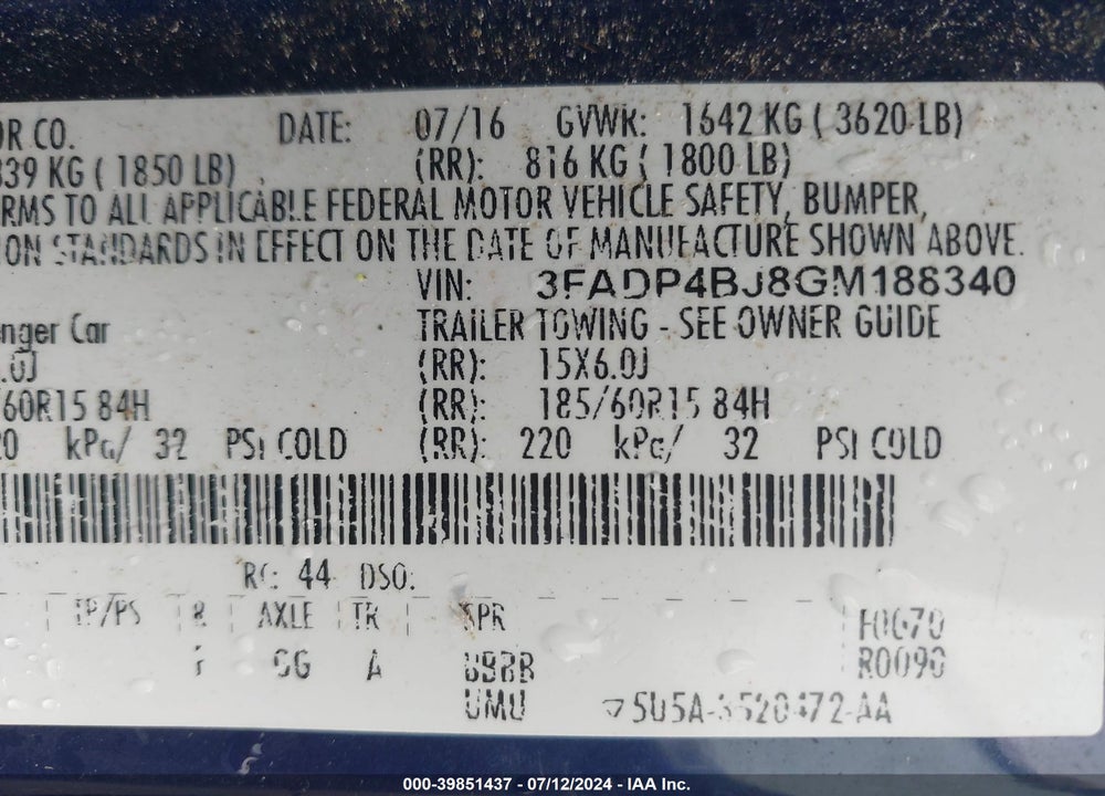 2016 FORD FIESTA SE VIN: 3FADP4BJ8GM188340