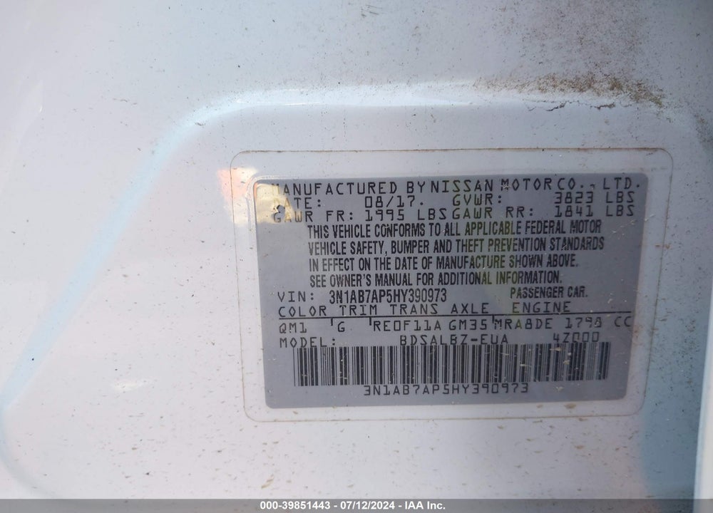 2017 NISSAN SENTRA S VIN: 3N1AB7AP5HY390973