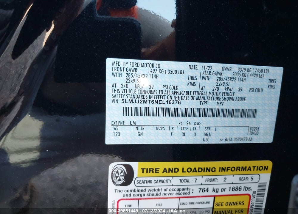 2022 LINCOLN NAVIGATOR STANDARD VIN: 5LMJJ2MT6NEL16376