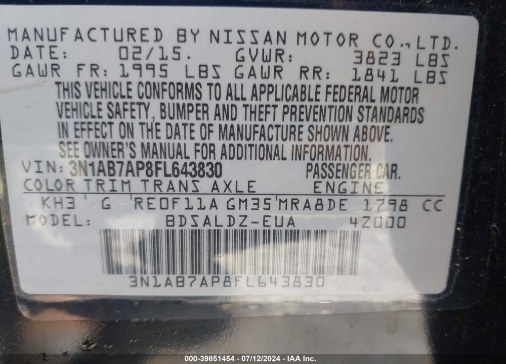 2015 NISSAN SENTRA VIN: 3N1AB7AP8FL643830
